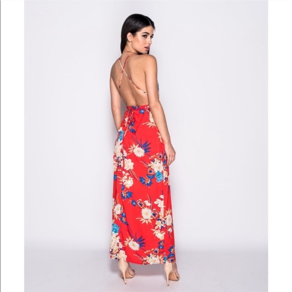 Red Floral Strappy Open Back Thigh Slit Maxi Dress - Picture 3 of 7